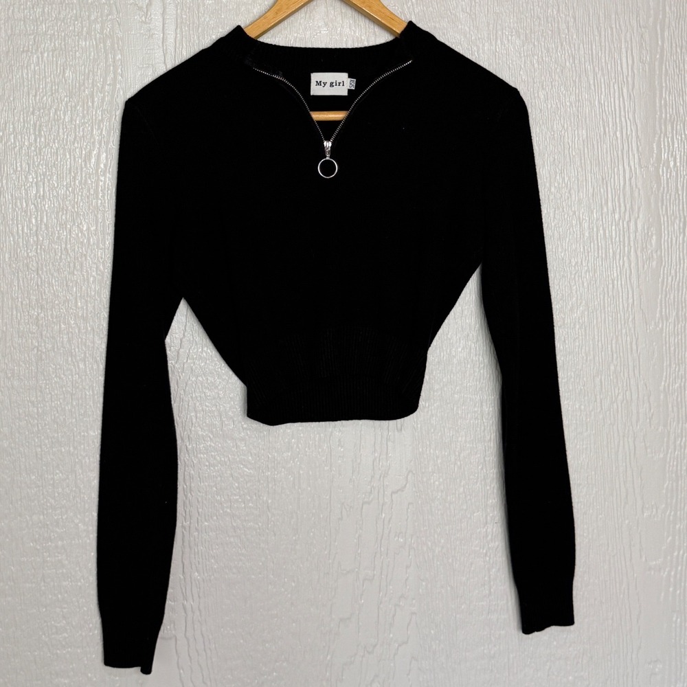 My Girl Black Quarter Zip O-Ring Cropped Long Sleeve Sweater Size XS/S EUC